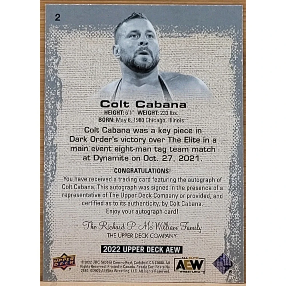 2022 UPPER DECK AEW COLT CABANA AUTO AUTOGRAPH‎ SP
